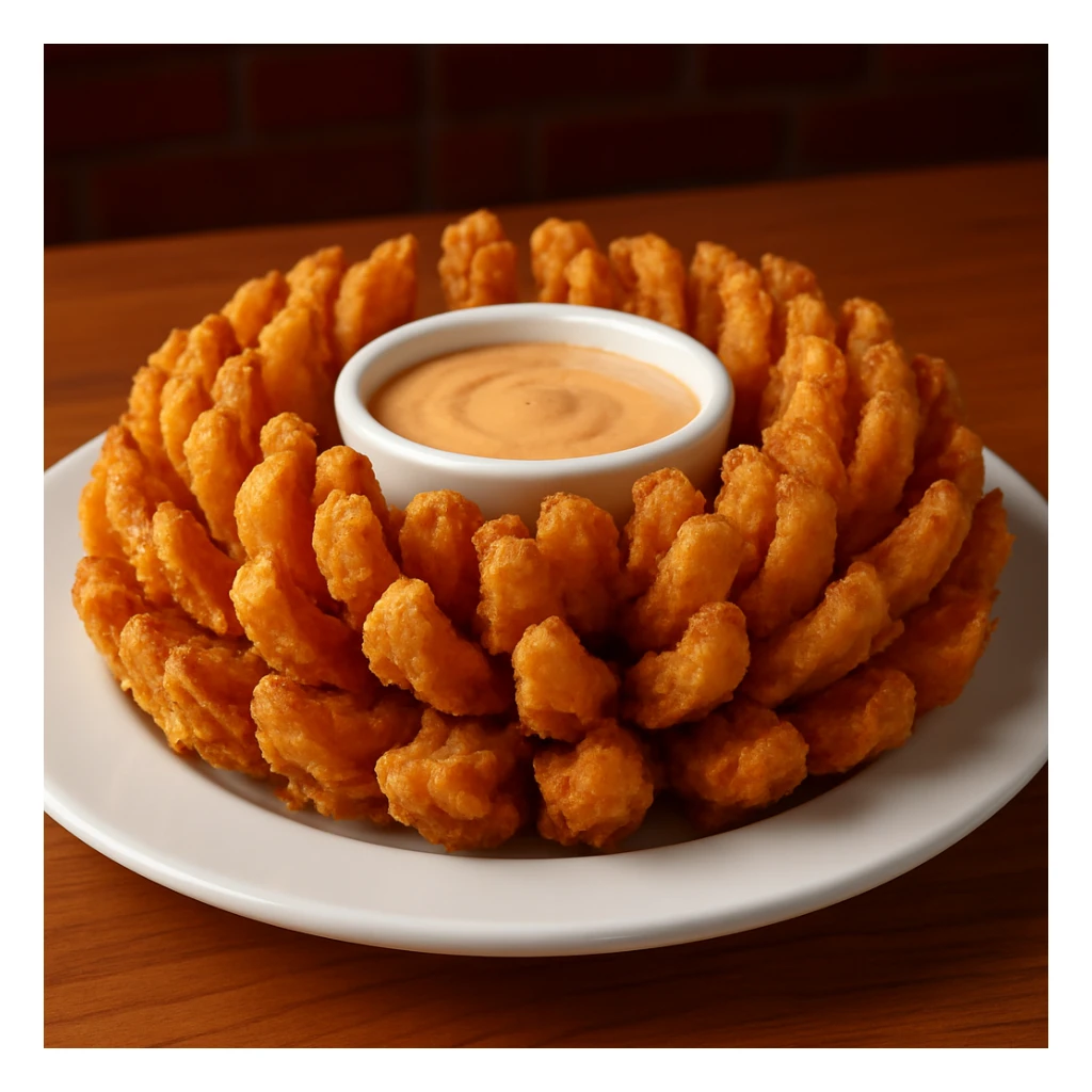 an awesome blossom dish from Chili's menu, a golden-brown, deep-fried blooming onion with a side of dipping sauce, appetizing and crispy, restaurant-style presentation sticker