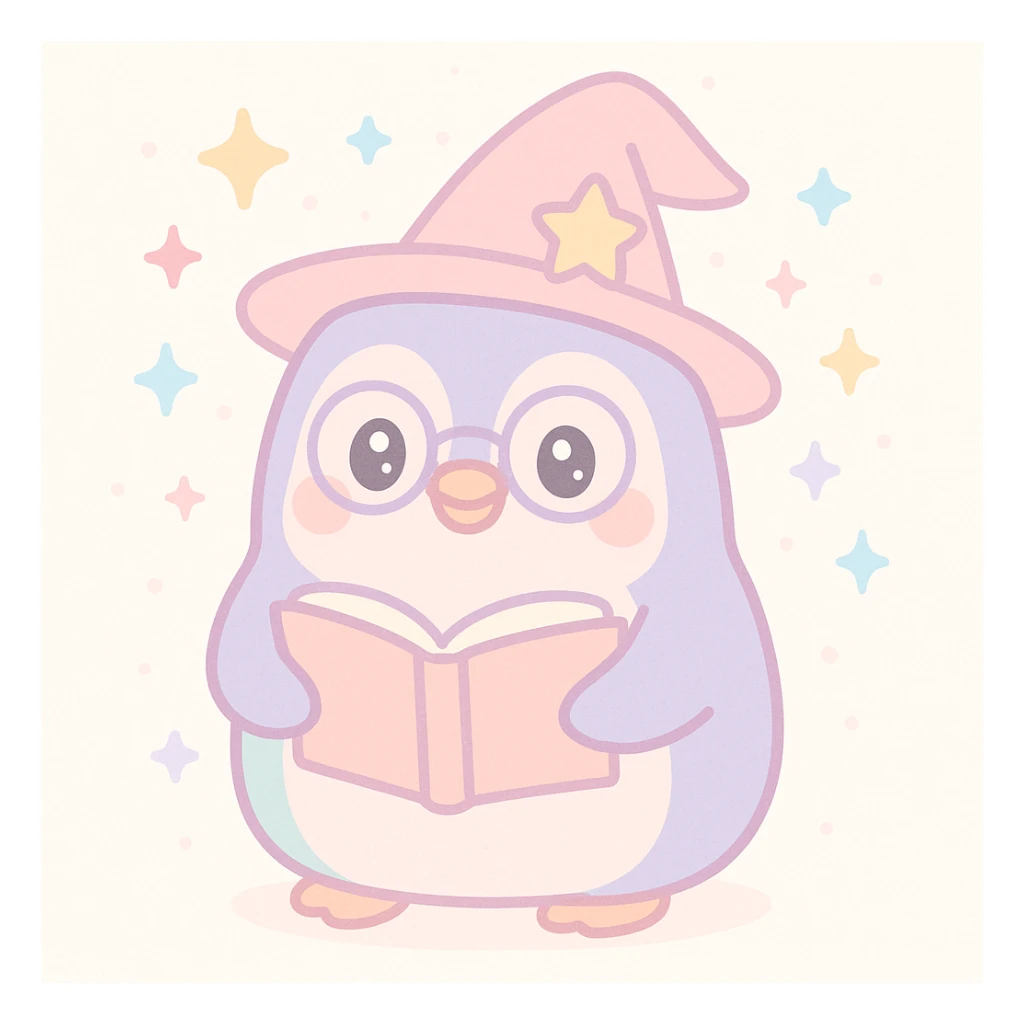 a chubby penguin wizard with glasses, holding an open spellbook, magical aura around sticker