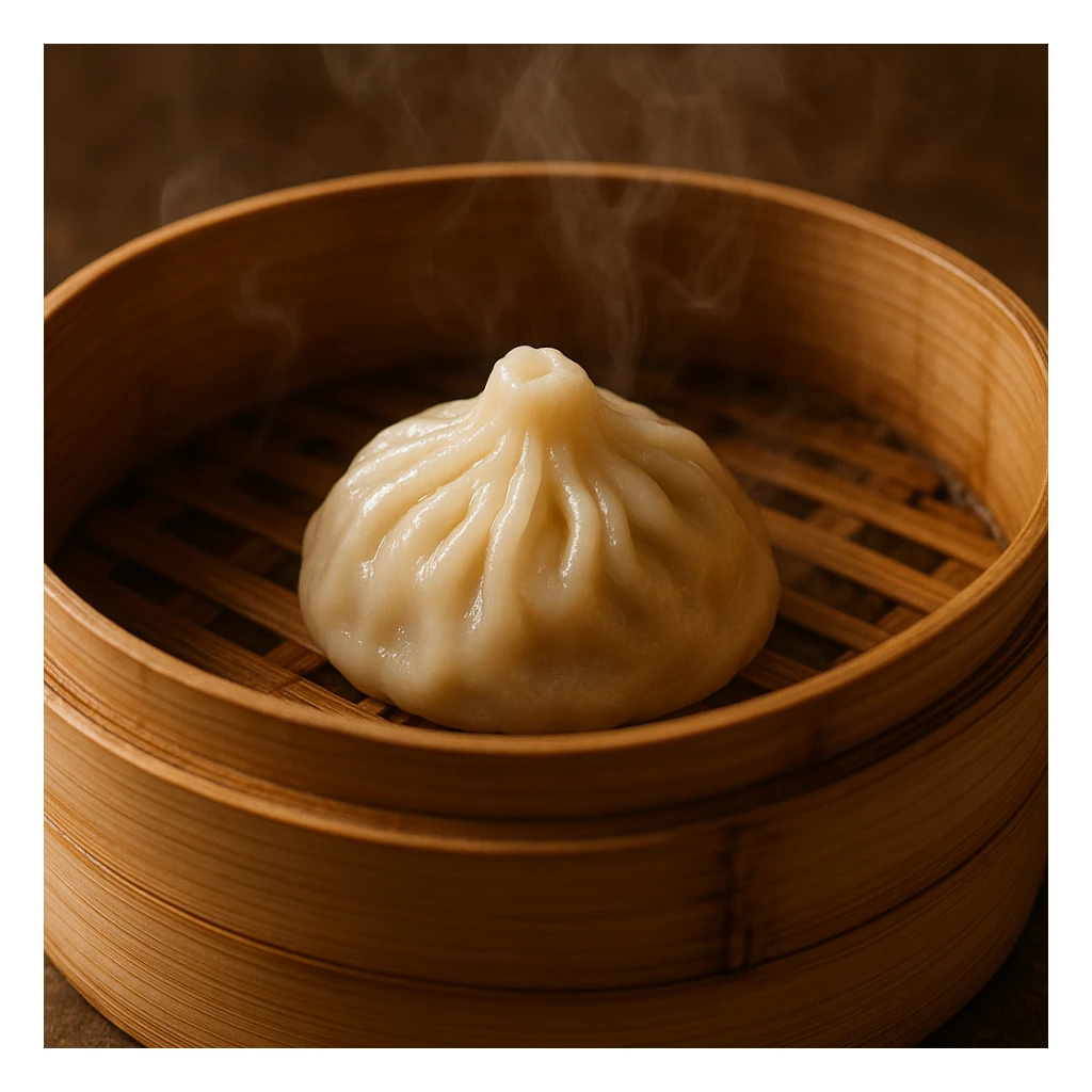 a realistic dumpling being cooked in a bamboo steamer, detailed, photorealistic sticker