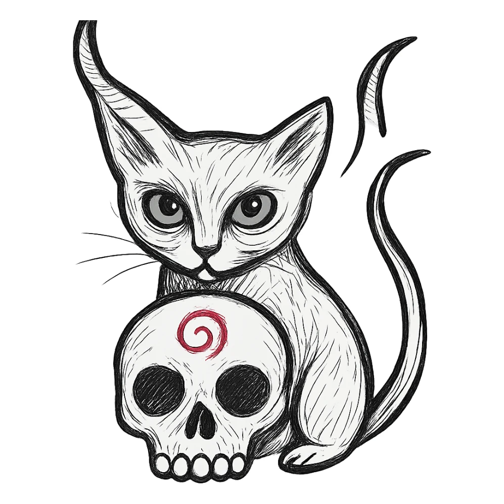 Adjust the composition so the large skull is in front of the cat and covers the cat's belly. Keep the realistic hand drawn style with dynamic outlines and no fill. Preserve the charm on the horn, the cat's green eyes, and the red spiral on the skull. Maintain transparent background. sticker