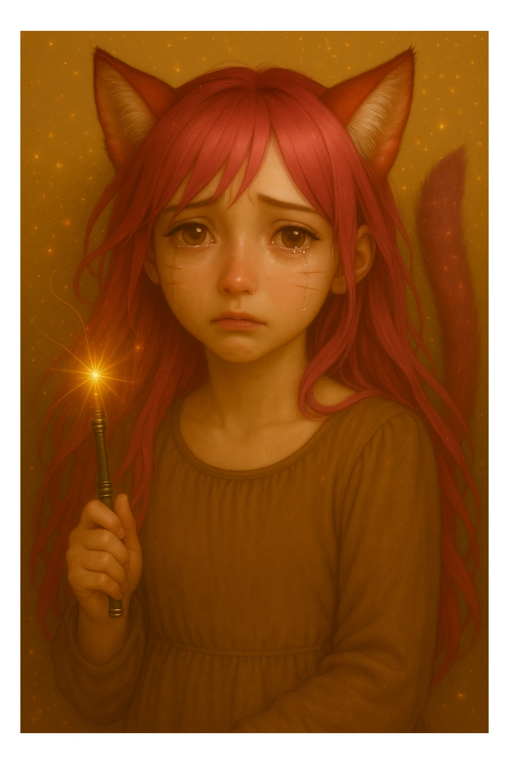Change the character's expression to sad with teary eyes and a gentle frown, maintaining the realistic anime style. Keep the pink hair, magical accessory, and sparkles as in the original image. sticker