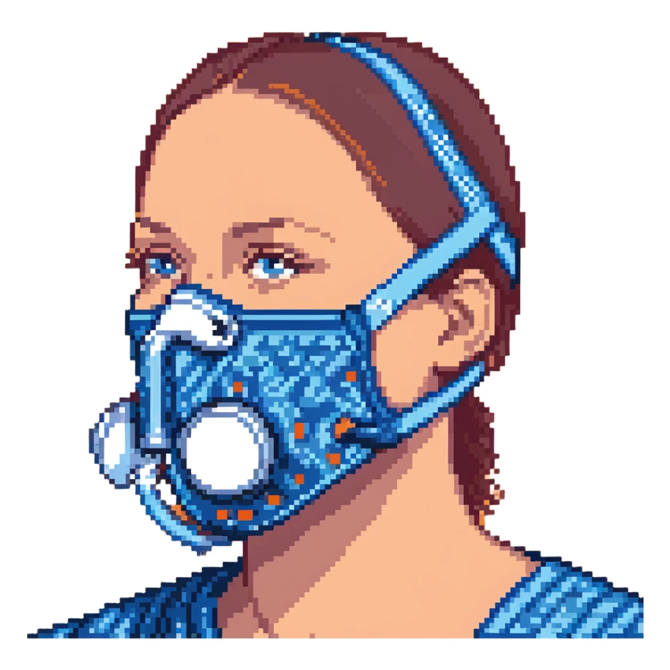 Pixelated blue VO2 max face mask with breathing tubes and valves, no person sticker