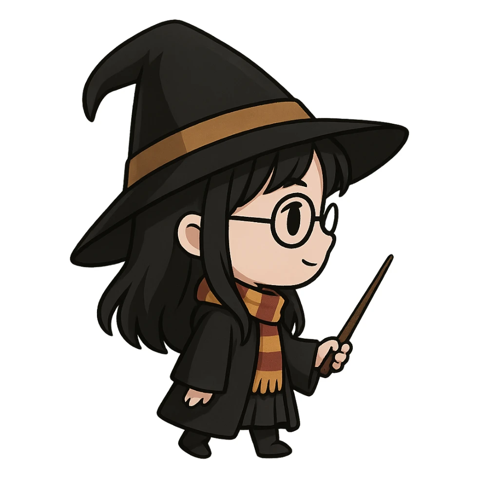 A cute witch with black hair and black eyes, Harry Potter style, facing right. sticker