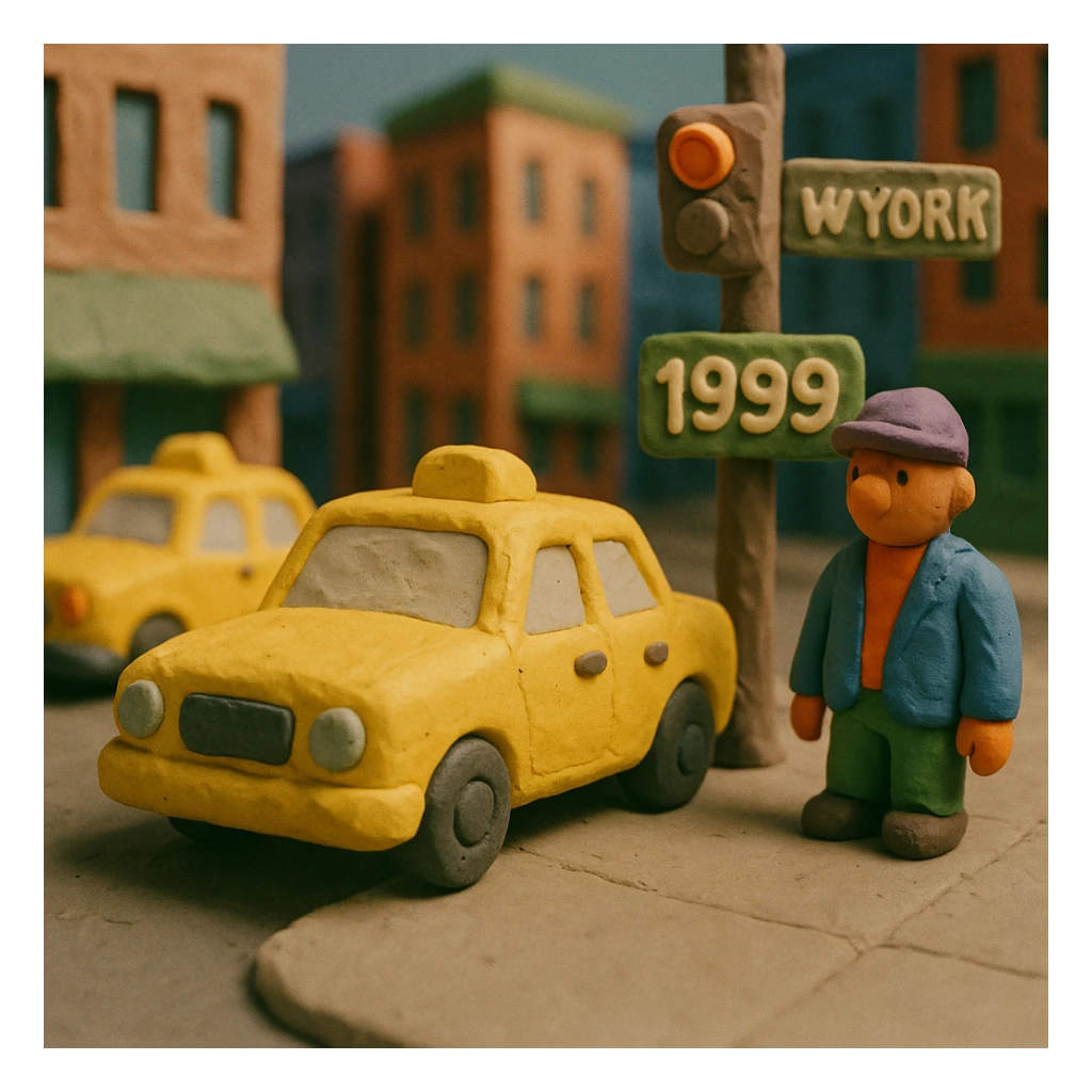 New York street, 1999, with visible fingerprints, cabs, and buildings sticker