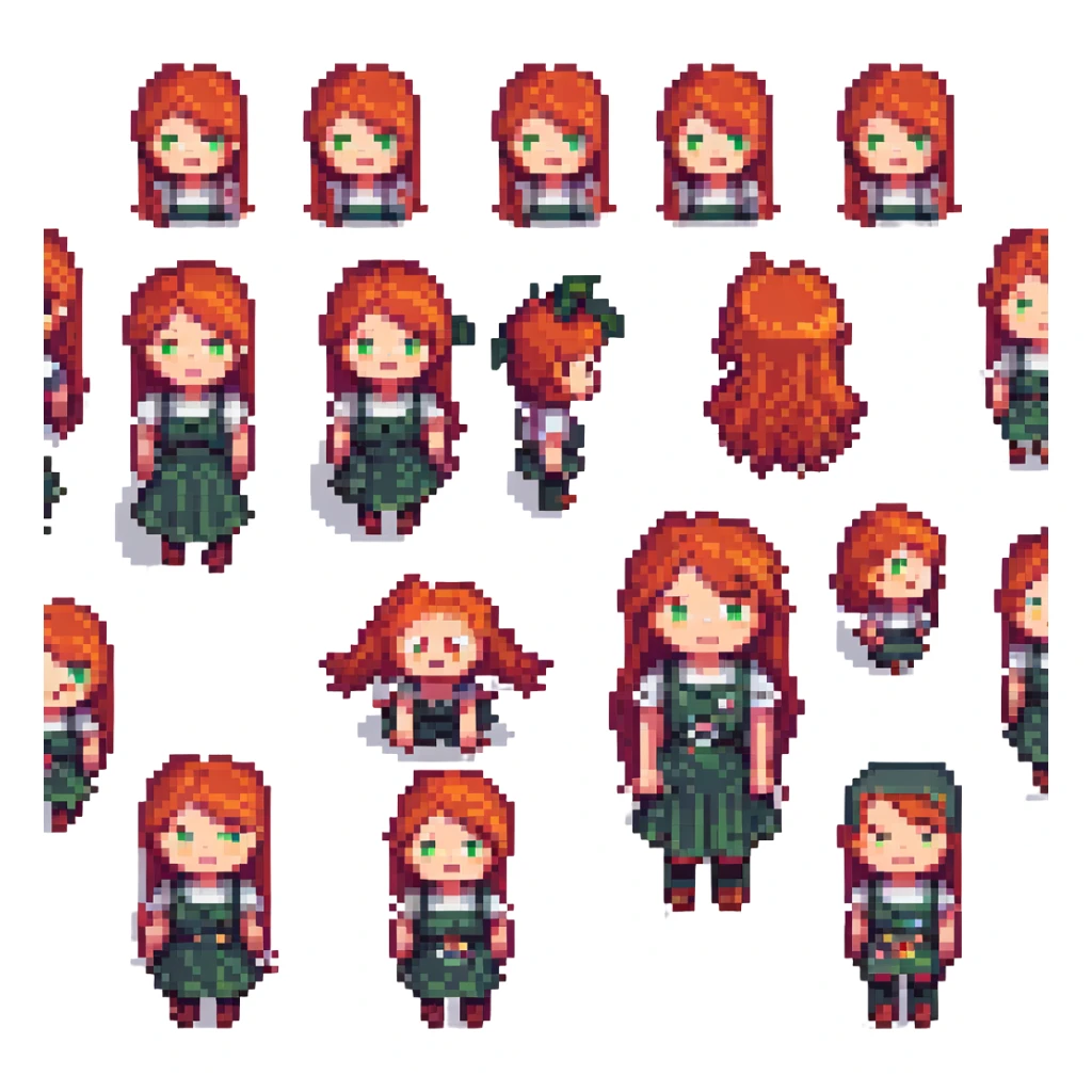 A set of emojis for a Telegram channel called 'Рыжая Начинка' featuring a red-haired girl with various expressions and activities, in the style of pixel art. sticker