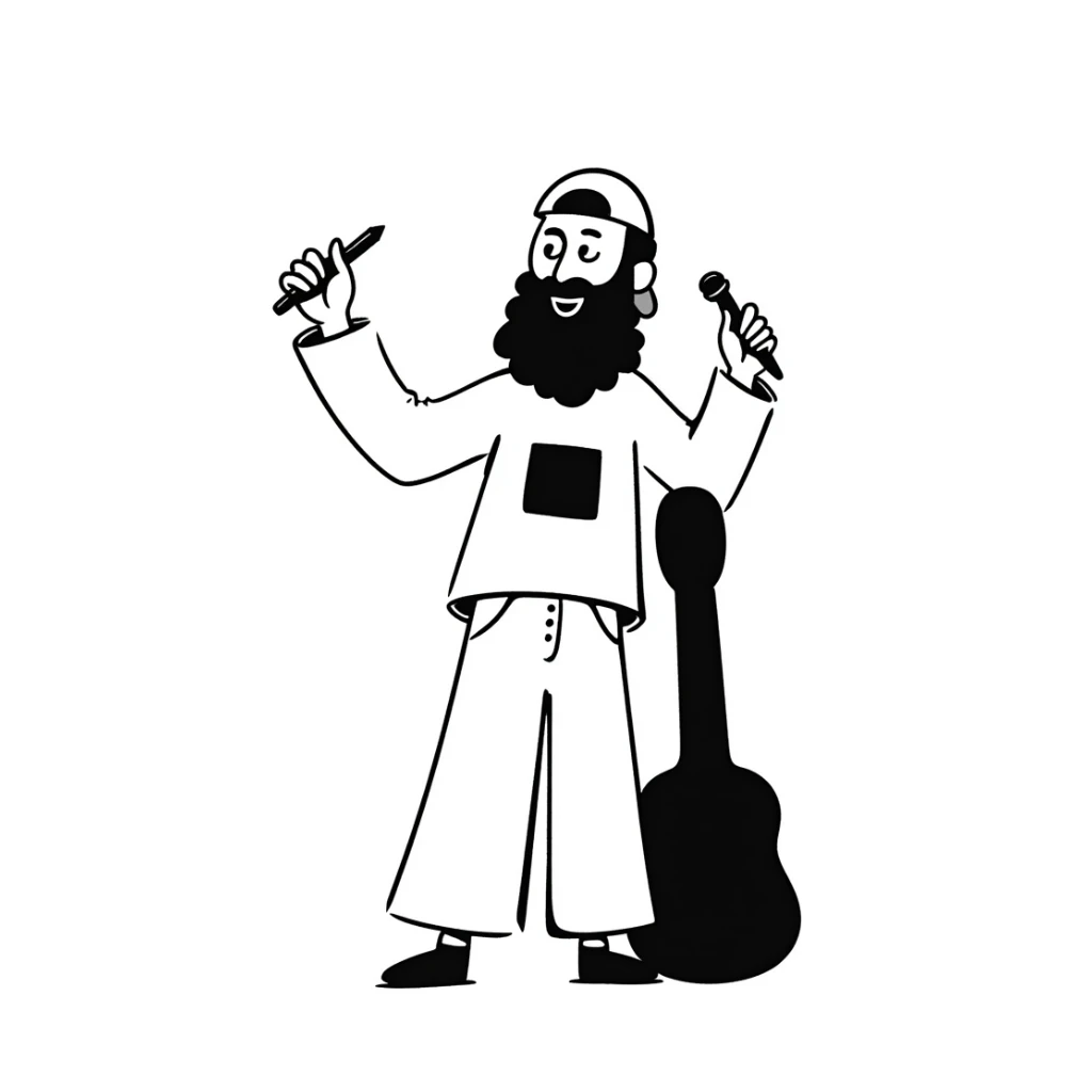 adult musician with beard and backwards cap, smiling widely, holding microphone in one hand and pencil in other hand sticker