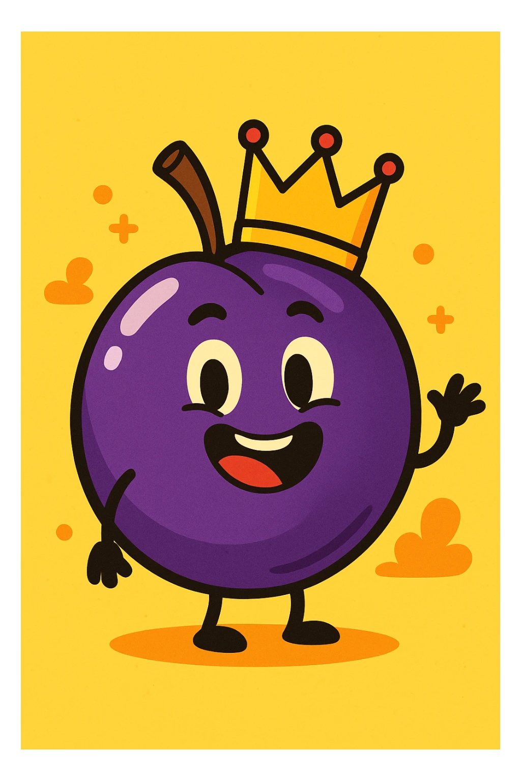 a prune with a crown, playful, cartoon style sticker