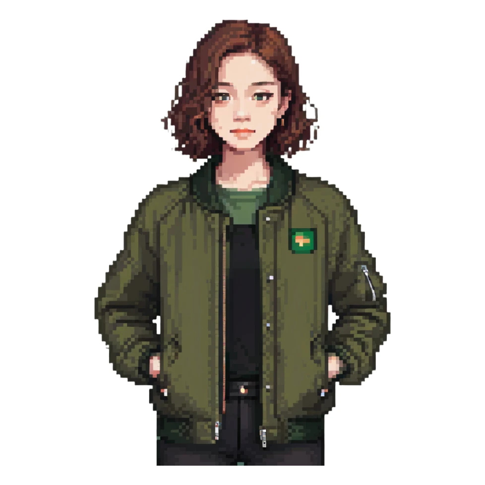 dark olive green jacket over a lighter green top sticker