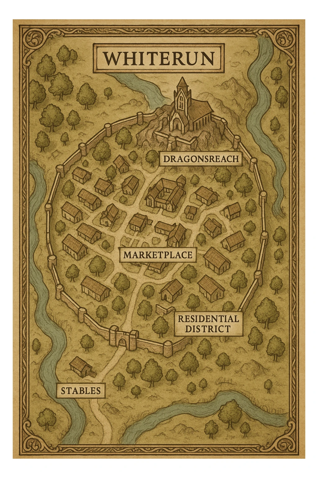 A vertical overhead map of the town of whiterun from skyrim sticker