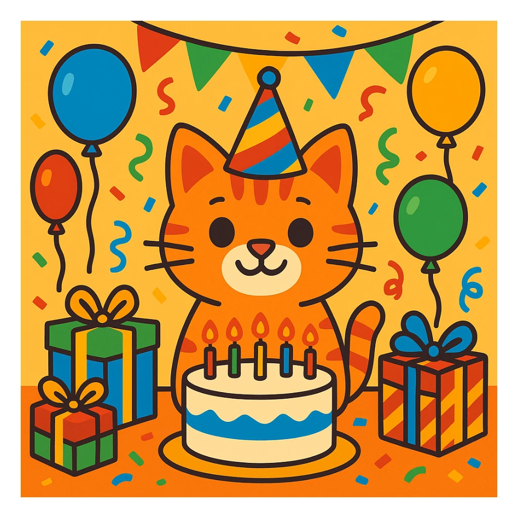 birthday party scene with colorful decorations, balloons, confetti, a large birthday cake, gifts, and a festive atmosphere, featuring a ginger tabby kitten wearing a birthday hat as the main character sticker
