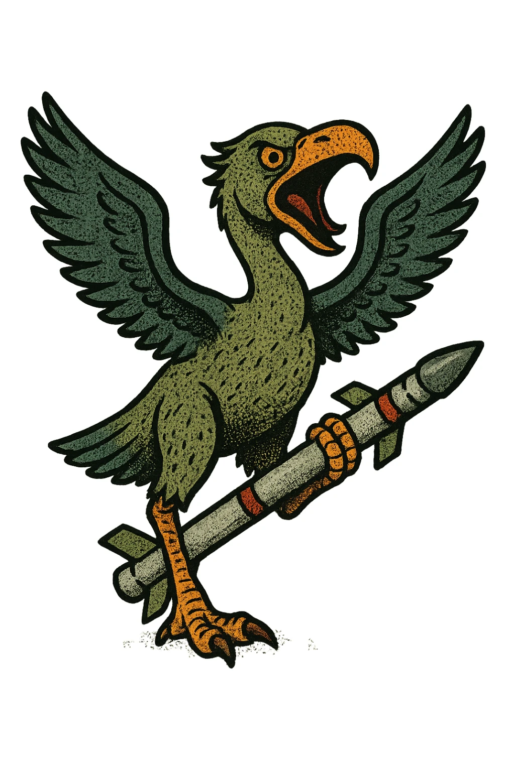 an insignia for a flag: a strange foreign alien bird creature, resembling a prehistoric phorusrhacos, gripping a sidewinder missile in its' powerful claw, standing up on its' other claw, cawing fiercely, wings spread in defiance.
 sticker