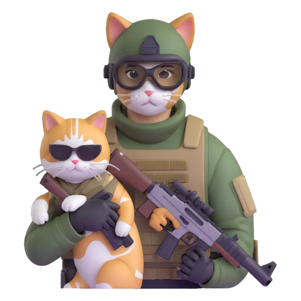 Man in tactical airsoft gear wearing protective goggles on face, holding a gun in one hand and a white and brown cat in the other hand sticker