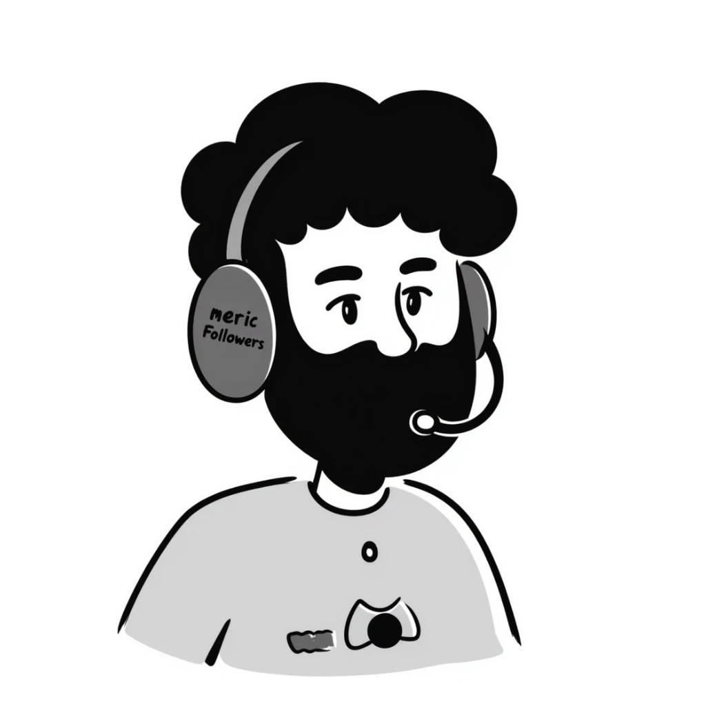 A person with black hair, brown eyes, black beard wearing a gaming headset "merci Followers" sticker