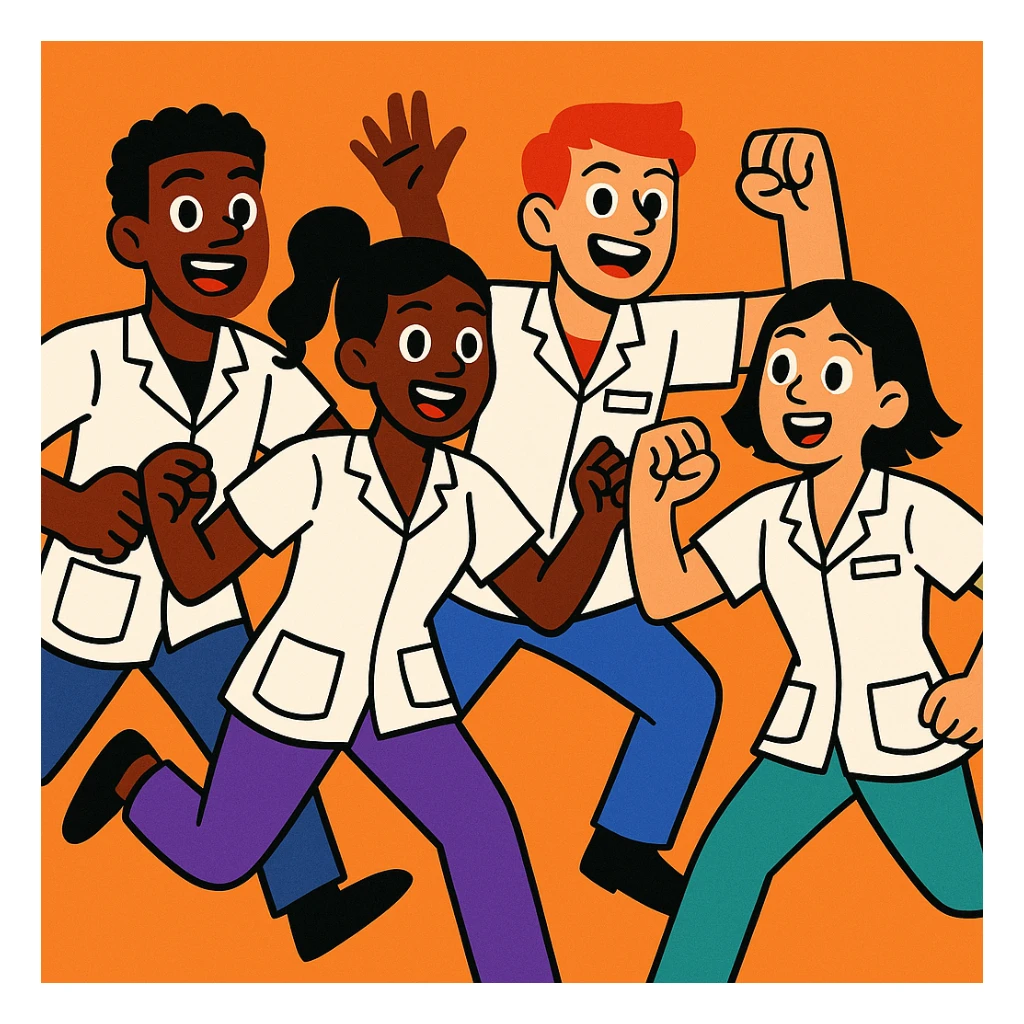 quatre étudiants infirmiers, blouses blanches manches courtes, pas de sous-pull ni stéthoscope, posture dynamique, vibrant toon sticker