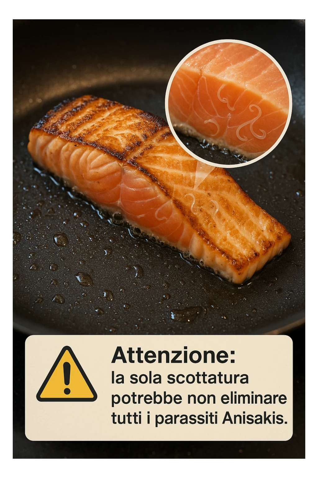 a close-up of a salmon fillet being lightly seared in a hot pan, with the outer layer cooked but the inside still raw. An inset magnifies the interior, showing visible Anisakis parasites surviving in the uncooked portion. A warning icon and educational text explain that searing alone may not eliminate all parasites. in italiano sticker