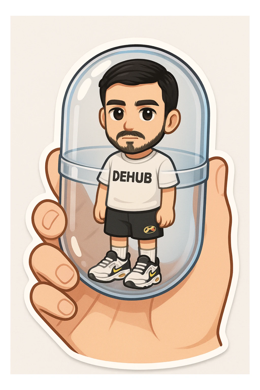 A highly detailed, all-glass gashapon capsule held between two fingers. Inside is a miniature chibi version of the person in the reference photo, with the same face, life-size chibi style. The chibi wears a white T-shirt with 'DEHUB', black 'Air Max' shorts, Air Max TN shoes, and white Nike socks. Emphasize the realism of the capsule and the collectible charm of the chibi figure inside. sticker