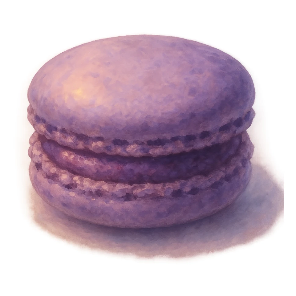 realistic Ghibli style purple macaron, dreamy lighting, soft painterly textures, appetizing and delicate sticker