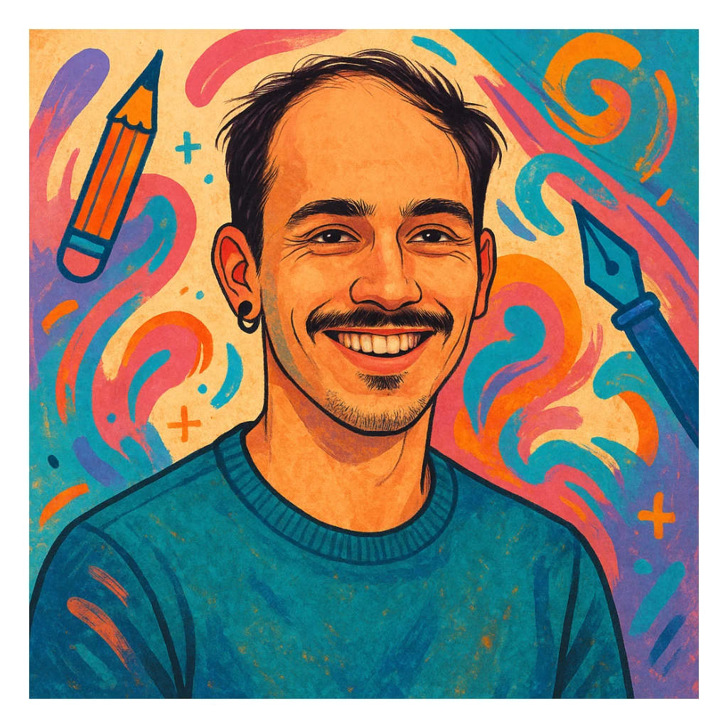 25 year old graphic designer, receding dark hair, thin moustache, black earring left ear, smiling, creative vibe, modern style sticker