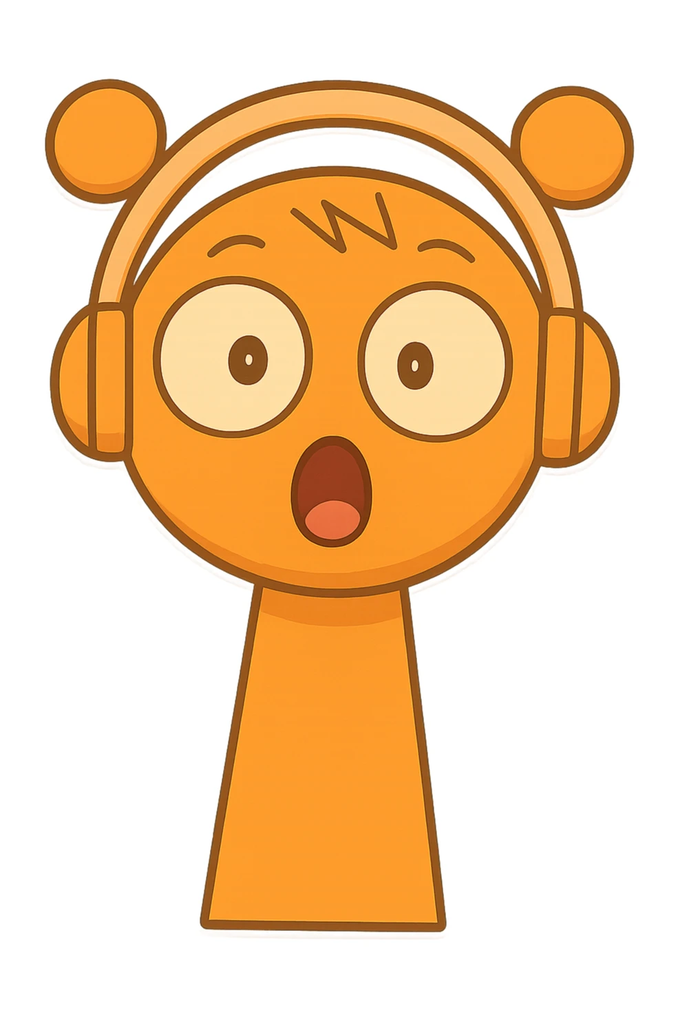 Add a surprised, open mouth expression to the orange character with headphones, maintaining the chibi stickers style with a transparent background. sticker