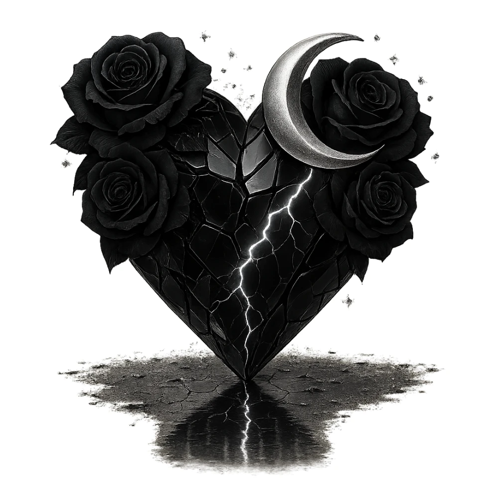 Edit the gothic heart to be formed from splintered deep black glass, silver crescent moon, black roses, sparkling holographic stardust, neon lightning, and a wet, reflective surface. Keep the background transparent. Maintain the gothic heart style and details. sticker