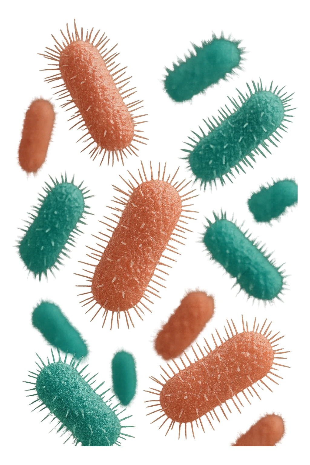 batteri intestinali rosa salmone e turchesi fluttuano in aria, iperrealistici 4k sticker