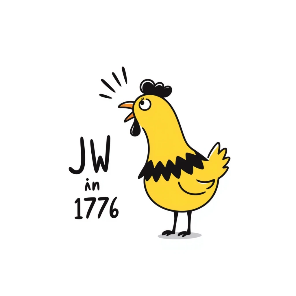 shouting yellow long neck chicken with the words 'JW 1776' sticker