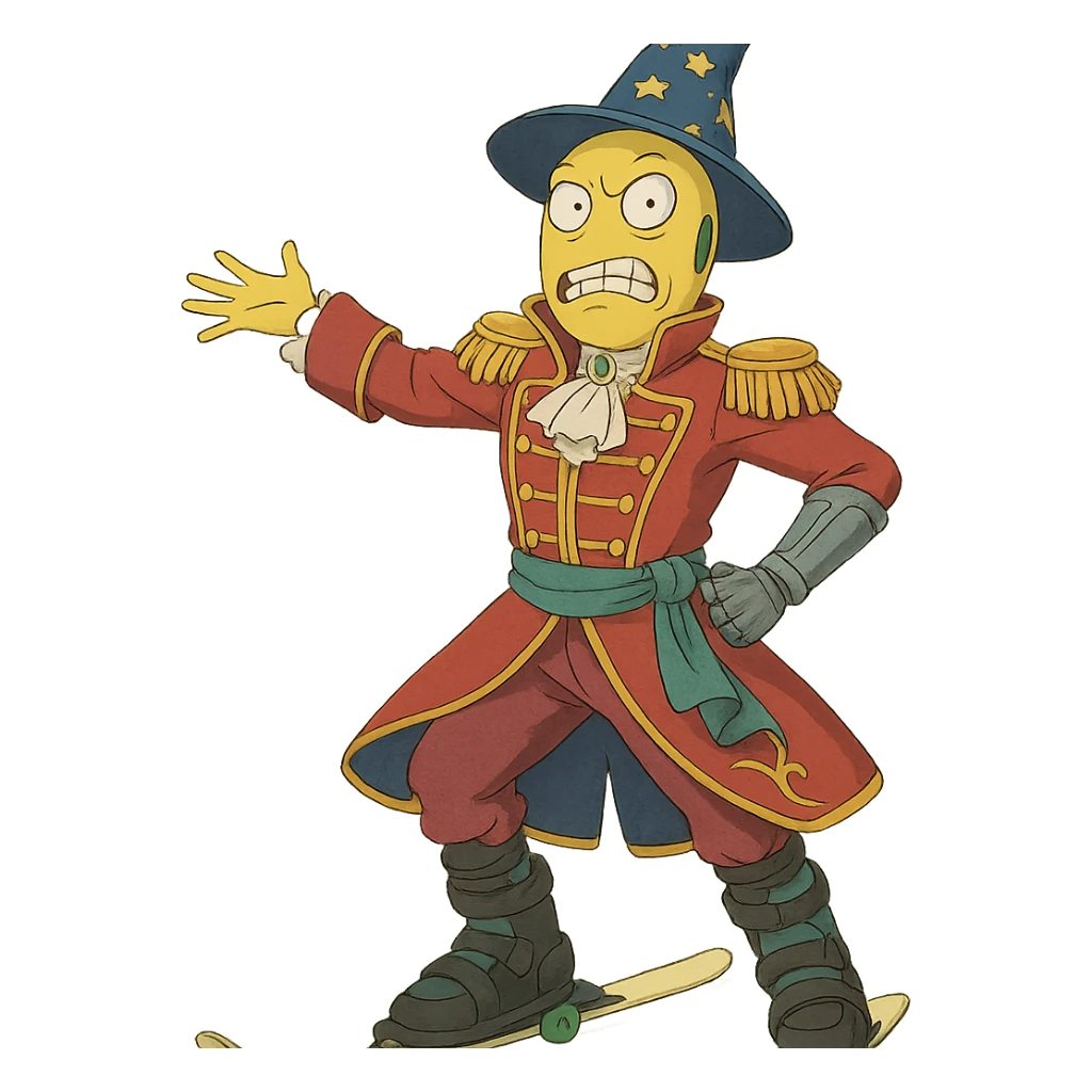 ghibli style yellow guy showing off his fabulous outfit combining prince, alien, terminator, skater, skiier, and wizard elements, making a weird face, stylish and fabulous sticker