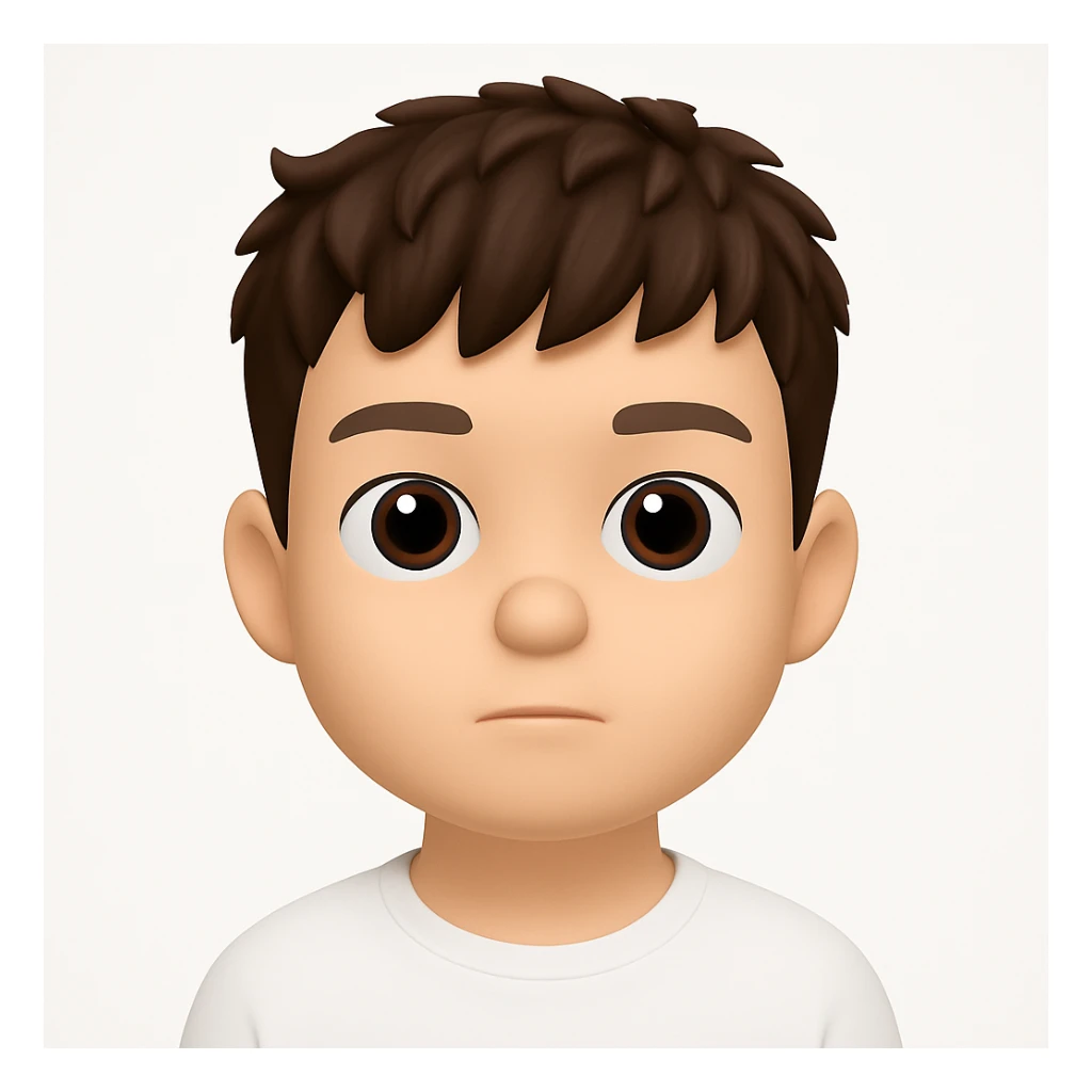 Create a 3D cartoon emoji character with a large head, big eyes, smooth skin, simple features, and a neutral face. The style should be clean, modern, and minimalistic with soft lighting and a white background. The character should be front-facing and inspired by the Apple Memoji/Pixar style as shown in the reference image. sticker