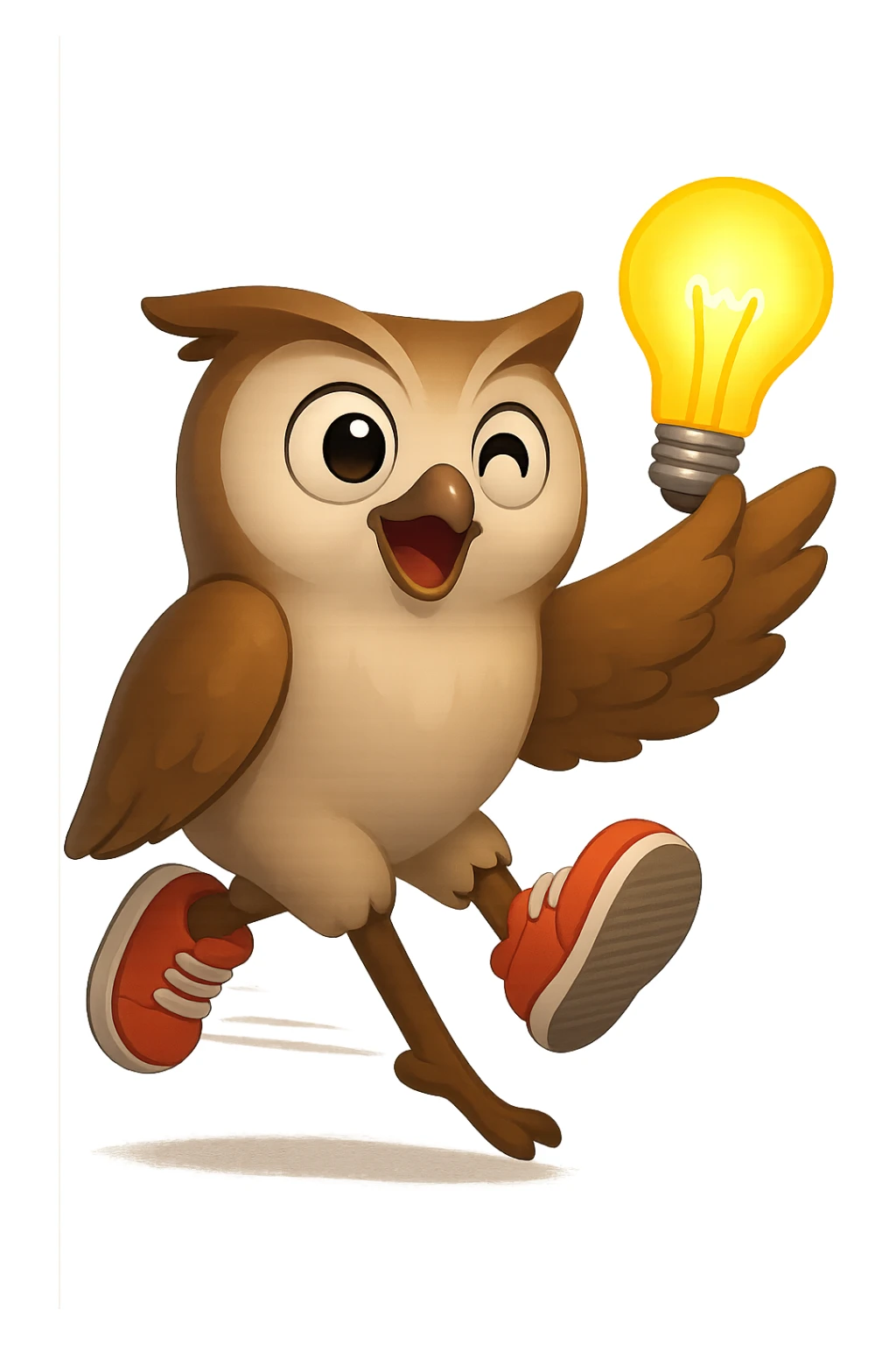 Радостная сова в стиле эмоджи держит в крыле горящую лампочку-идею и очень быстро бежит в кроссовках, композиция символизирует "решения будут быстрыми", прозрачный фон sticker
