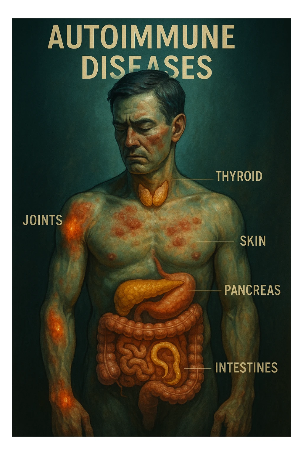 Create a vertical, cinematic, realistic medical illustration showing autoimmune diseases in the human body caused by intestinal parasites. Highlight specific organs affected by autoimmune reactions such as joints, skin, thyroid, pancreas, and intestines. Use dramatic clinical lighting with green-blue tones and warm yellow-orange accents, and natural depth of field. Maintain a 2:3 aspect ratio. sticker