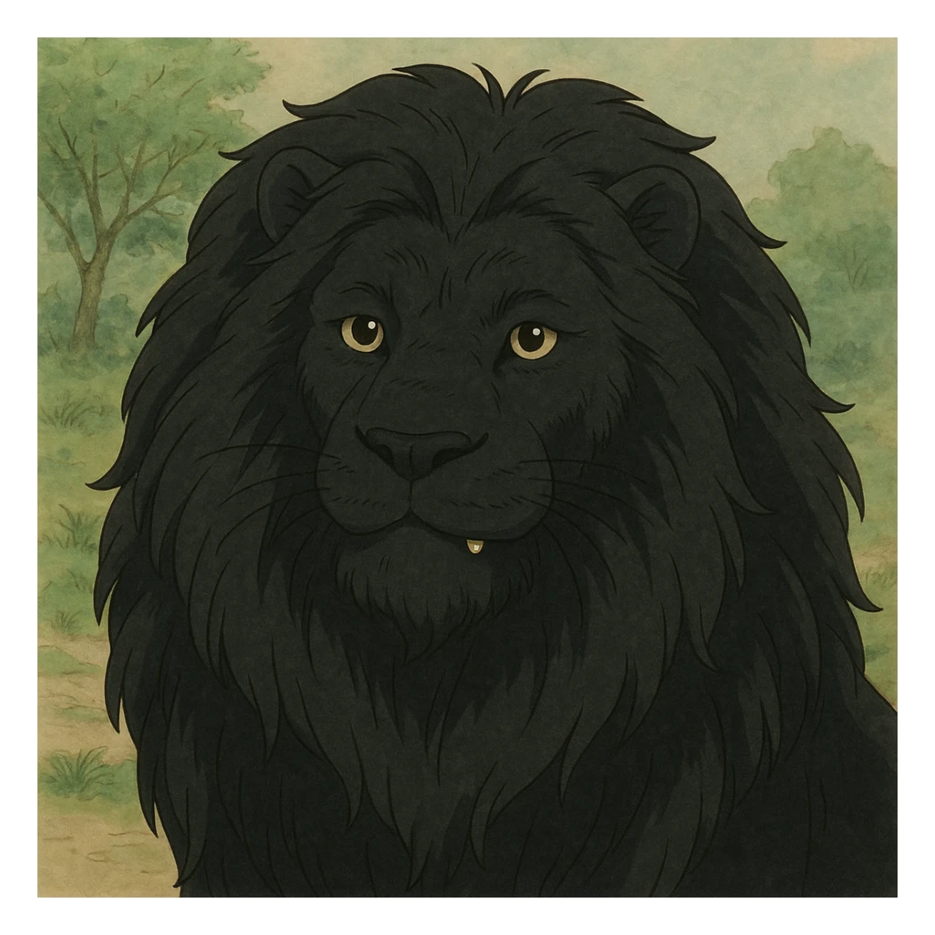 a black lion with a gold tooth, ghibli style sticker