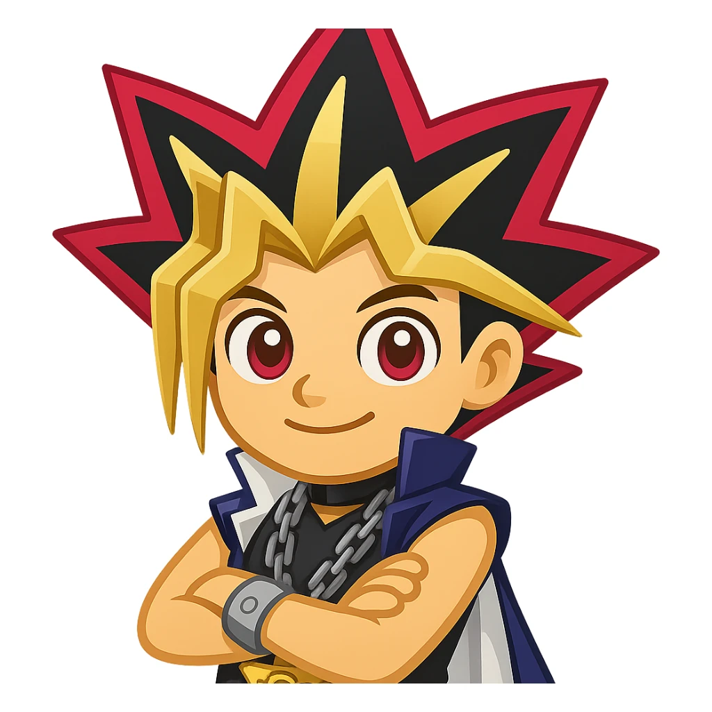 Create an emoji style version of Yugi from Yu-Gi-Oh based on the reference image. Features include spiky tricolor hair, large eyes, confident expression, Millennium Puzzle necklace, and crossed arms. The style should resemble apple style emojis with concise details. sticker