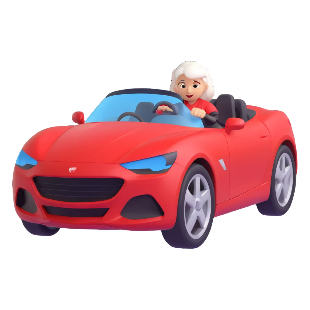Make the entire image 30% more realistic, including the mother with white hair and the red sports car, keep fast and furious vibe, dynamic motion effects, sporty 3D emoji style, no background. sticker