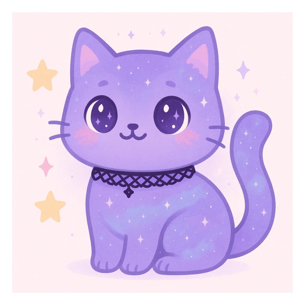 whimsical purple cat with galaxy pattern, gothic lace choker, mystical aura, cute expression sticker