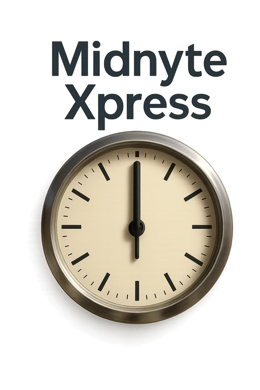 Make this clock at midnight with 'Midnyte Xpress' above look more realistic, featuring a metallic clock frame, glass face, and realistic shadows. Keep the text above in a clean font. No background, transparent background. sticker