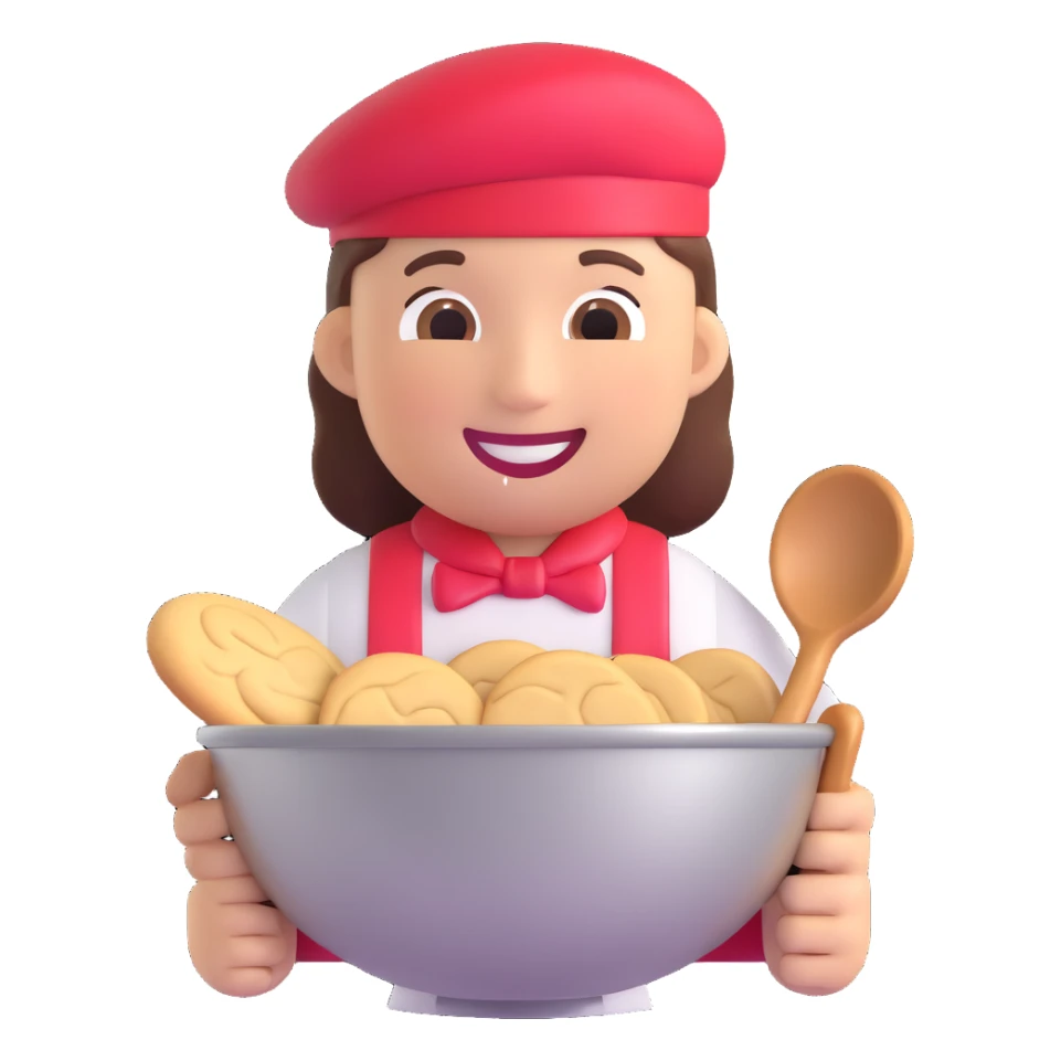 cookie factory worker emoji, smiling, holding a mixing bowl sticker