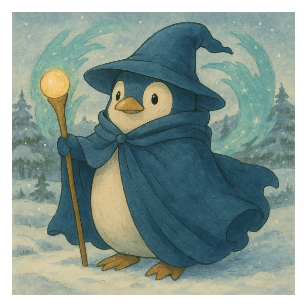 Add a snowy landscape background behind the ghibli style penguin wizard, keep all original colors and style sticker