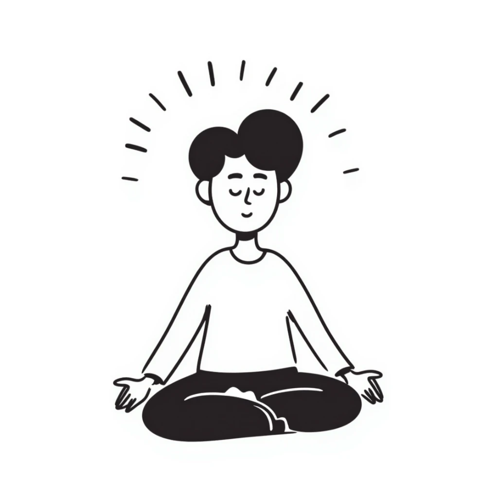 A person in a peaceful meditation pose with small waves of calmness radiating outward, representing mindfulness and stress relief. Simple hand-drawn doodle style. sticker