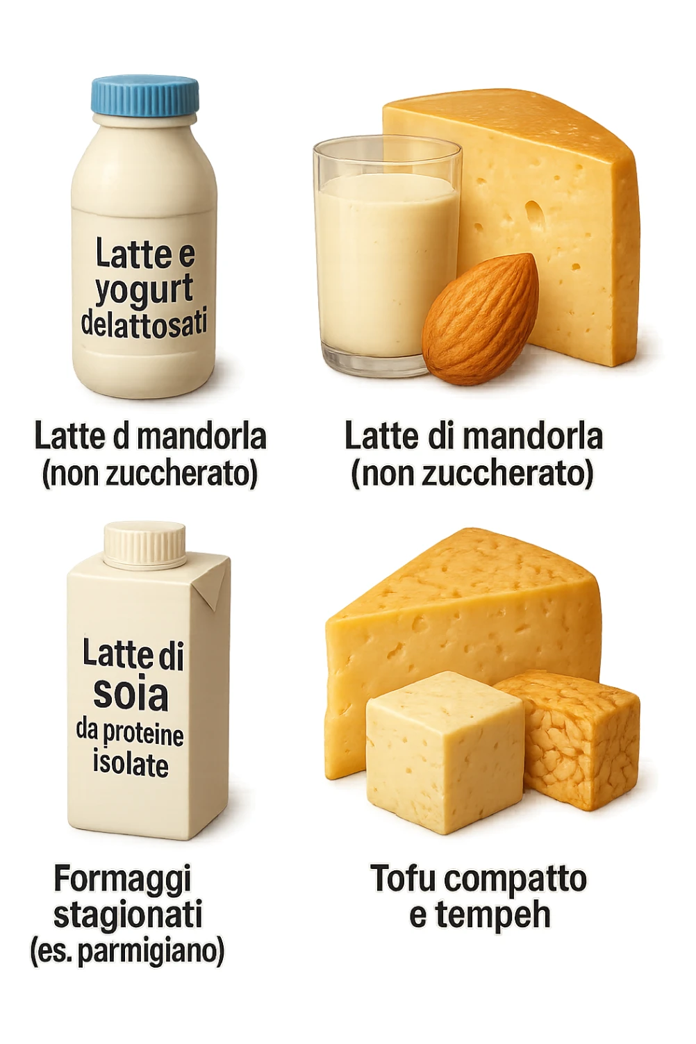 emoji stile iphone 3d di questi elementi che fluttuano in aria:

Latte e yogurt delattosati
Latte di mandorla (non zuccherato)
Latte di soia da proteine isolate
Formaggi stagionati (es. parmigiano)
Tofu compatto e tempeh
 che fluttuano in aria,  le etichette scrivile in italiano, iperealistico 4k sticker