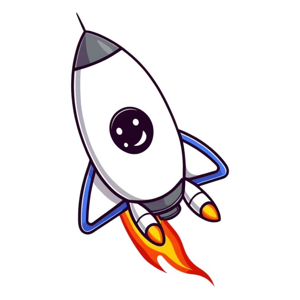 A cute sticker-style space rocket with a smiling face and bright flame trail sticker