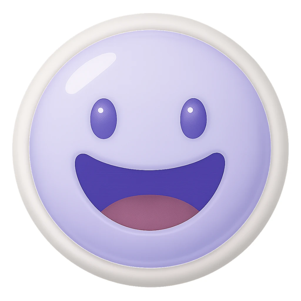 Edit the image to change the smile style to a wide, open-mouthed grin while keeping the same color #D5D6F6. Maintain the original style and transparent background. sticker