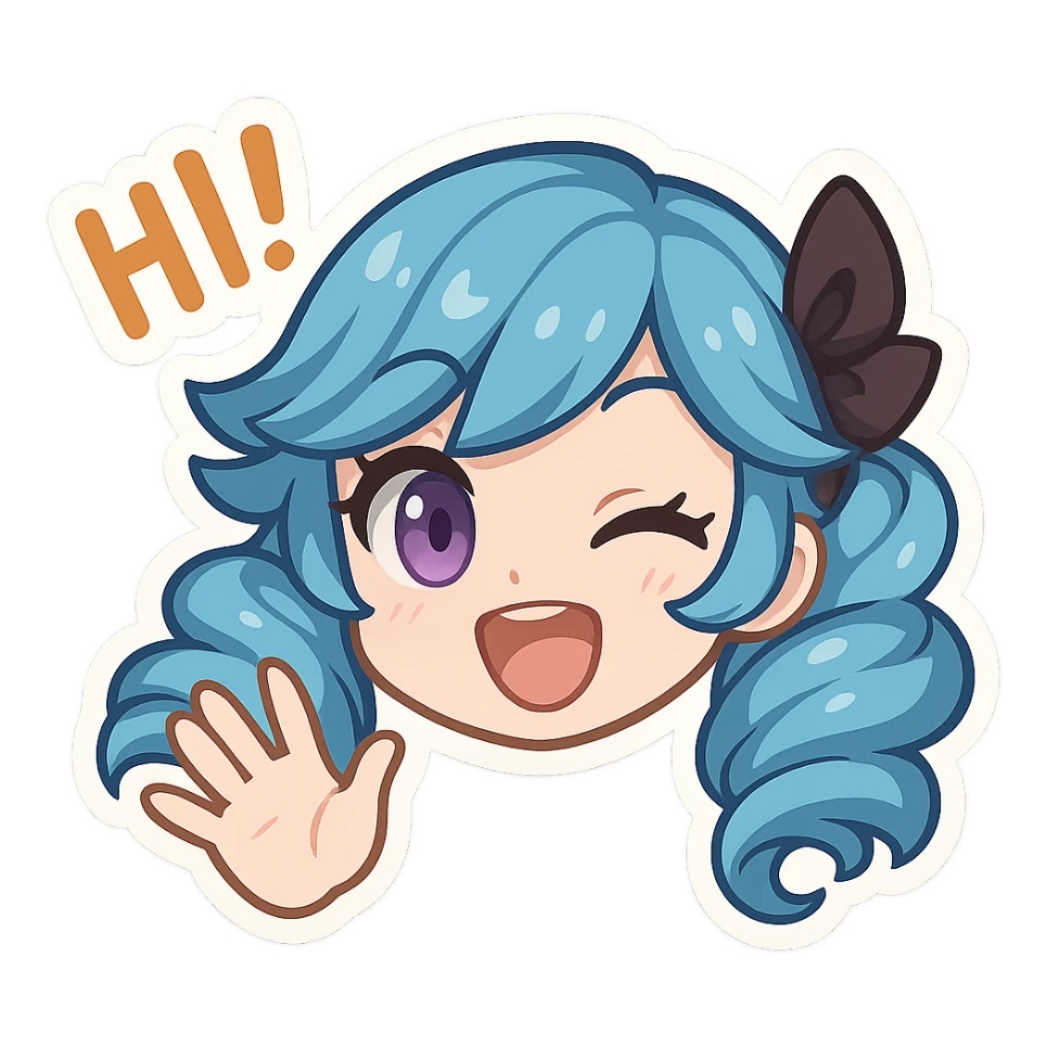 Gwen from League of Legends, chibi emote style, only head visible, right eye purple, energetic hi expression, waving hand, eyes open, cute and expressive sticker