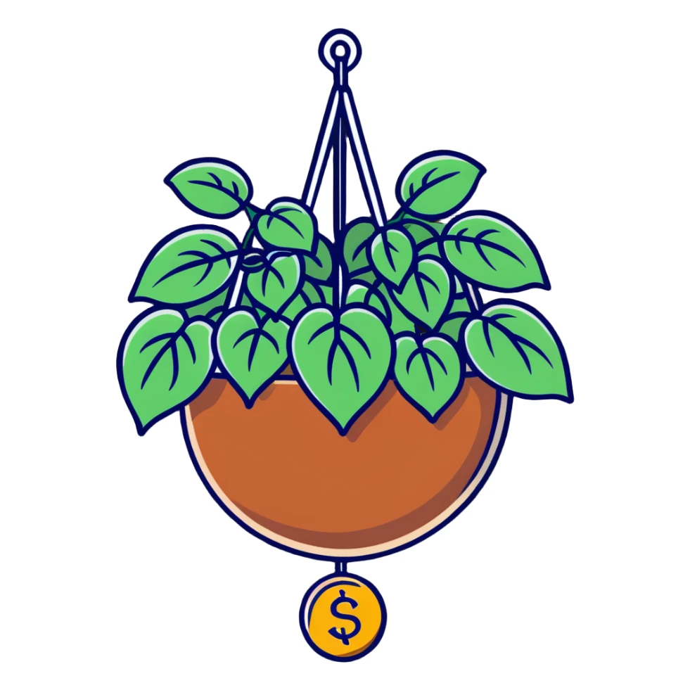 Plectranthus Verticillatus with cascading vines and perfect circle-shaped leaves like coins in a coconut fiber hanging basket sticker