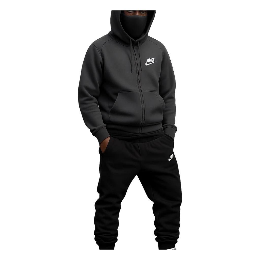 Make the ski mask soft and without texture. Pose the Black individual standing like a 'YN', wearing black Nike tech pants sagging and Air Jordan 4 Retro White Thunders. Keep the hood up and style realistic. Remove the background. The style should be realistic and detailed. sticker