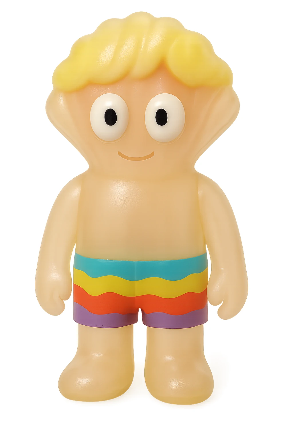 贝壳, retro 90's toy style, very transparent and slightly see-through, natural tan skin, blonde hair, colorful shorts, large white eyeballs with small black pupils, soft plastic texture, soft reflections, soft and squishy, some cloudiness, not shiny, highly detailed, appealing, no tag, no background sticker