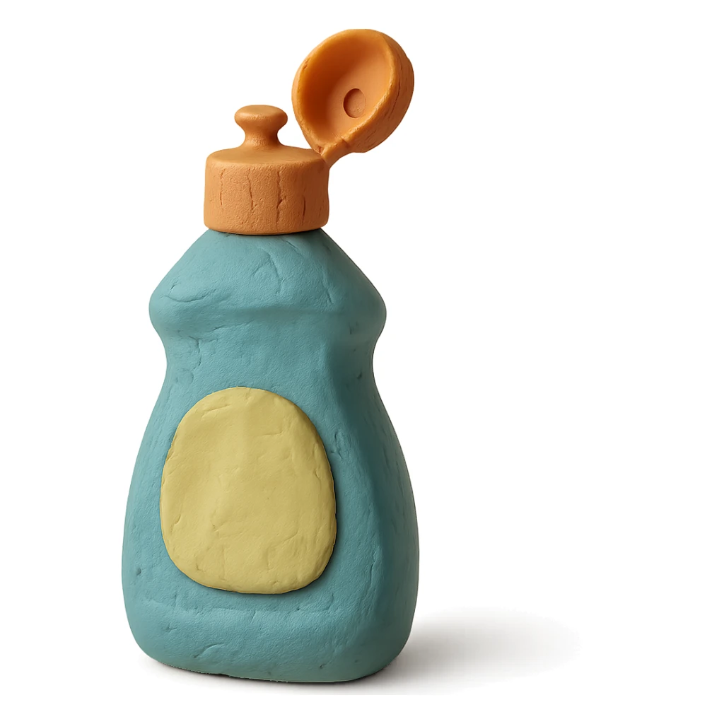 close-up of dish soap bottle in claymation style with cap open, soft lighting, pastel colors sticker