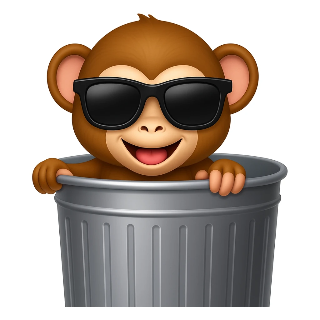 Add cool sunglasses to the silly monkey in the trash can, keeping the playful emoji style look. sticker
