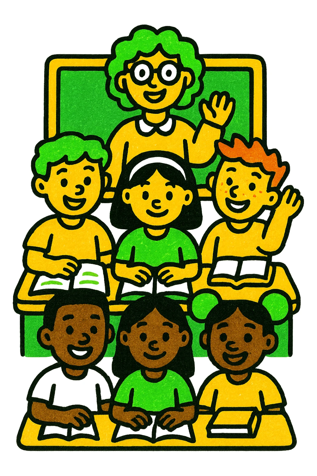 multicultural class of students, modern look, green gold and white color scheme, rounded shapes, simple design sticker