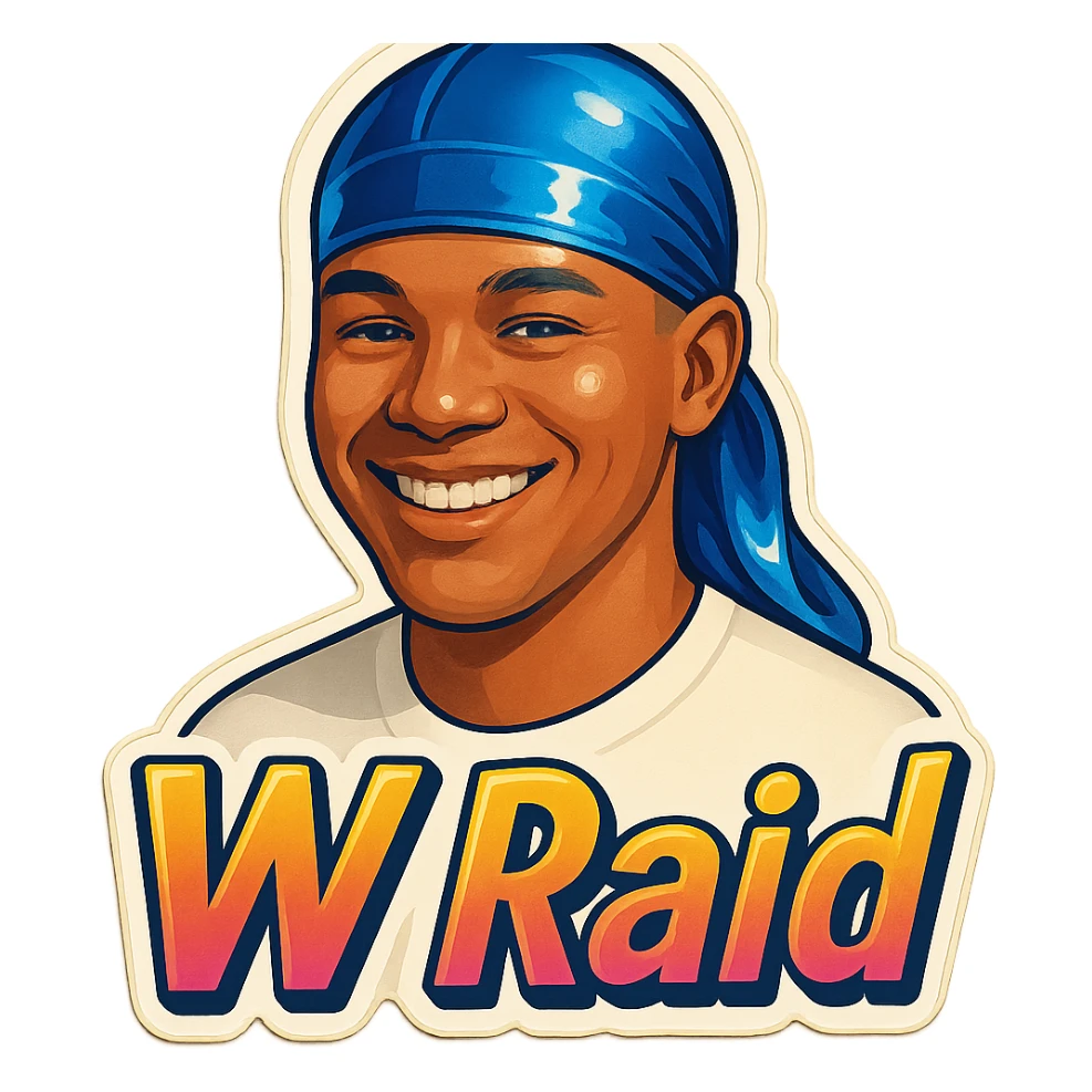 Smiling no teeth
make his shirt white
Change His durag To BLUE
Make it say "  W Raid " sticker