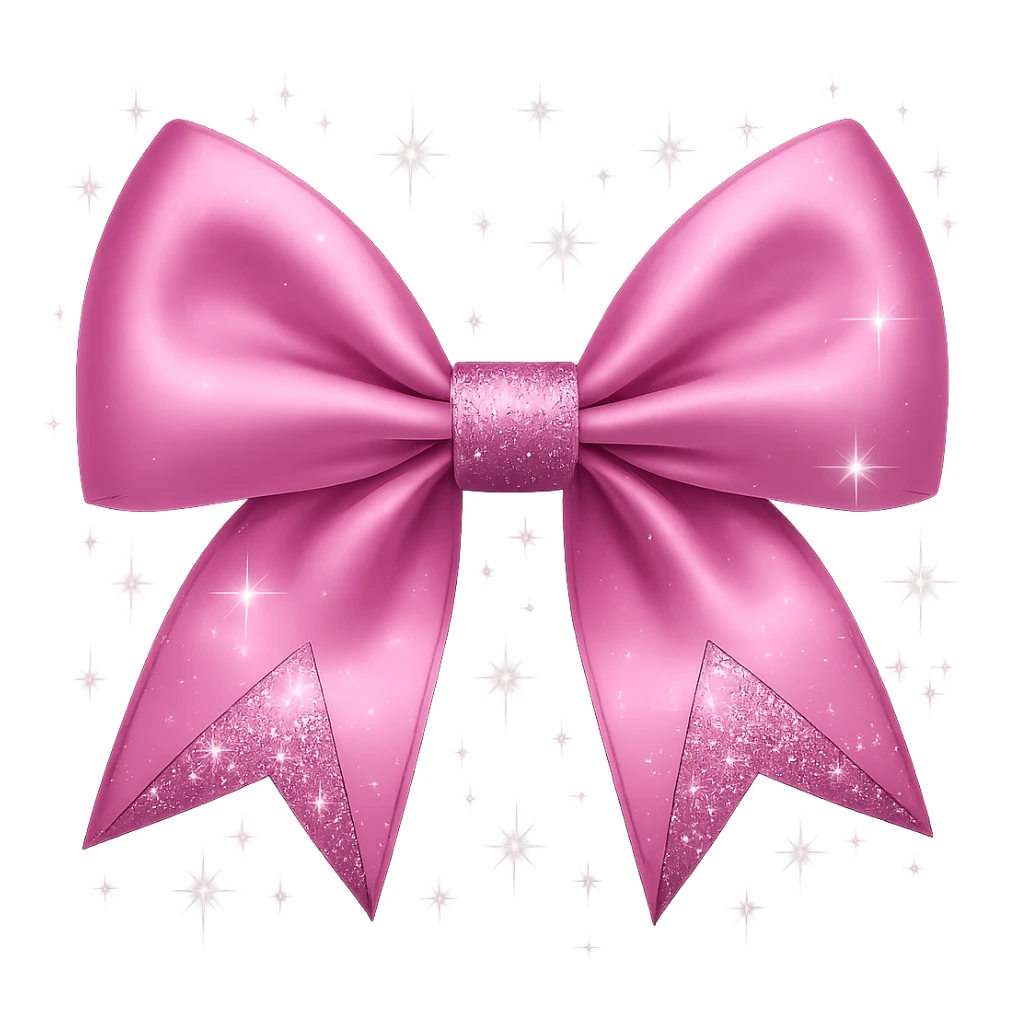 Add small sparkling stars around the sparkly pink bow with extra glitter. Keep the background transparent. sticker